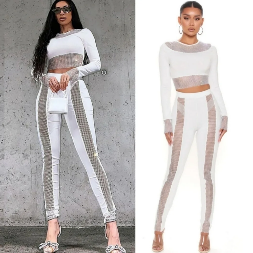 NWT On The Town White Rhinestone Co-ord Legging Set Size Medium